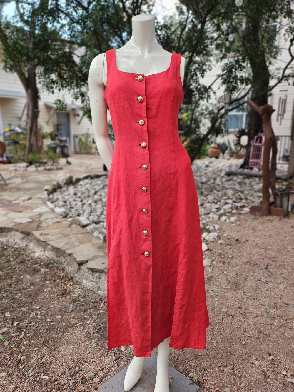 LAUNDRY Shelli Segal Red Linen Gold Button-Front Sleeveless Dress M